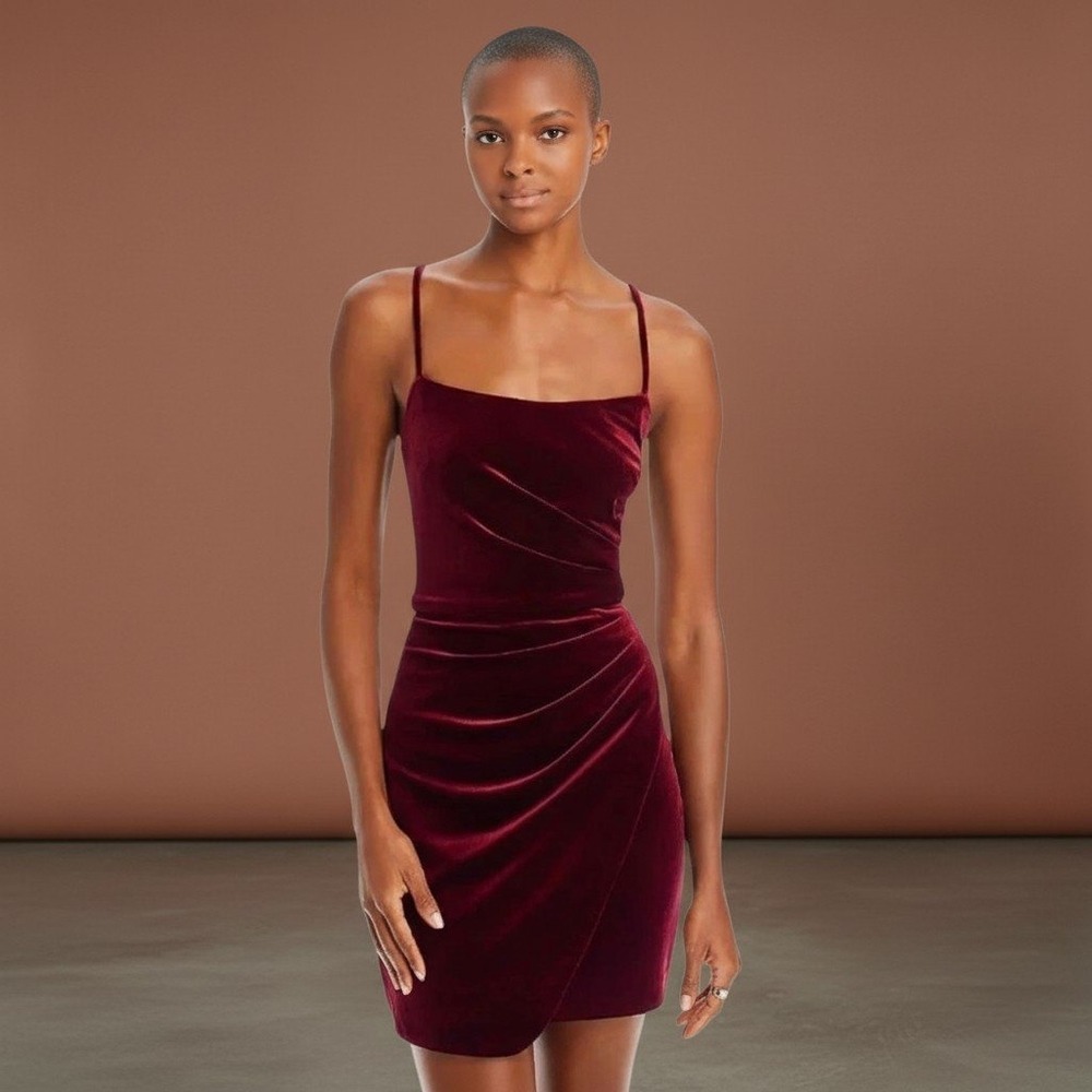 AQUA Velvet Ruched Bodycon Mini Dress Womens 10‎ Burgundy Holiday Party Festive